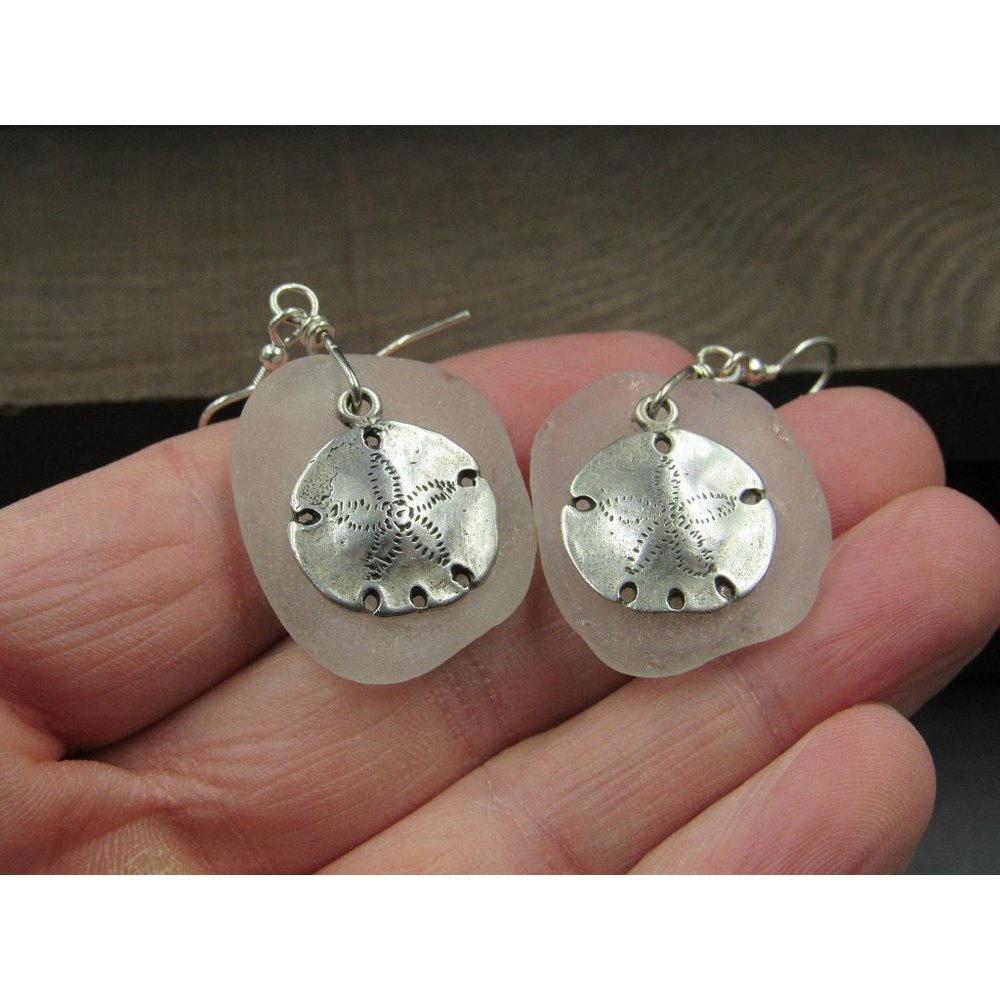 Sterling Silver Sand Dollar Clear Sea Glass Dangle Earrings